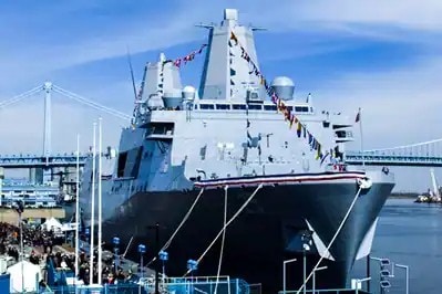 Naval support vessel docked