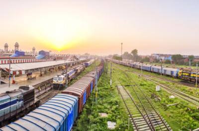 Indian Railways yard at sunrise