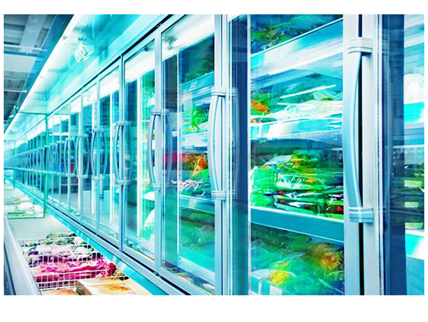 View of refrigerated food products in a grocery store
