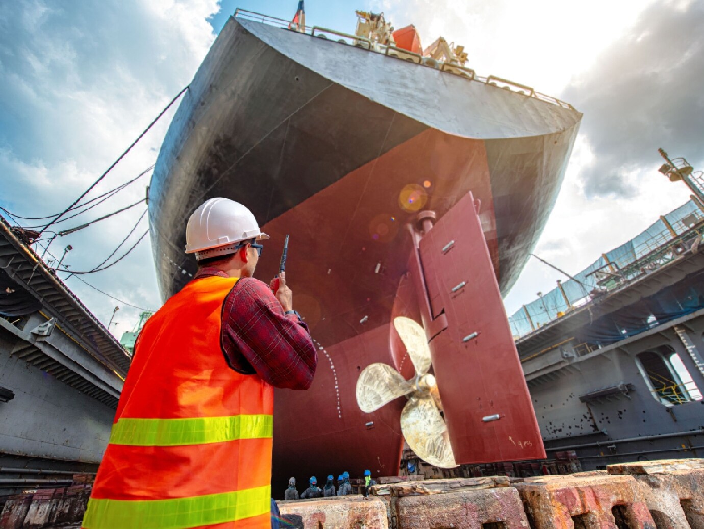An employee looking at the huge ships